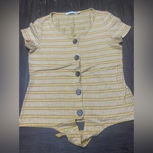 Notations Size S Yellow White Stripe Button Front Cap Sleeve Waist Tie Top